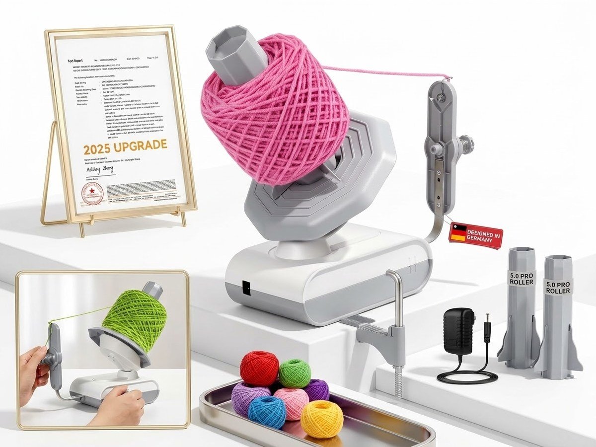 The VCNFPRO 5.0 winder with a pink yarn ball mounted on its roller, two spare roller attachments, a power adapter and a tin of small yarn balls, beside an inset of yarn being guided onto the roller by hand.