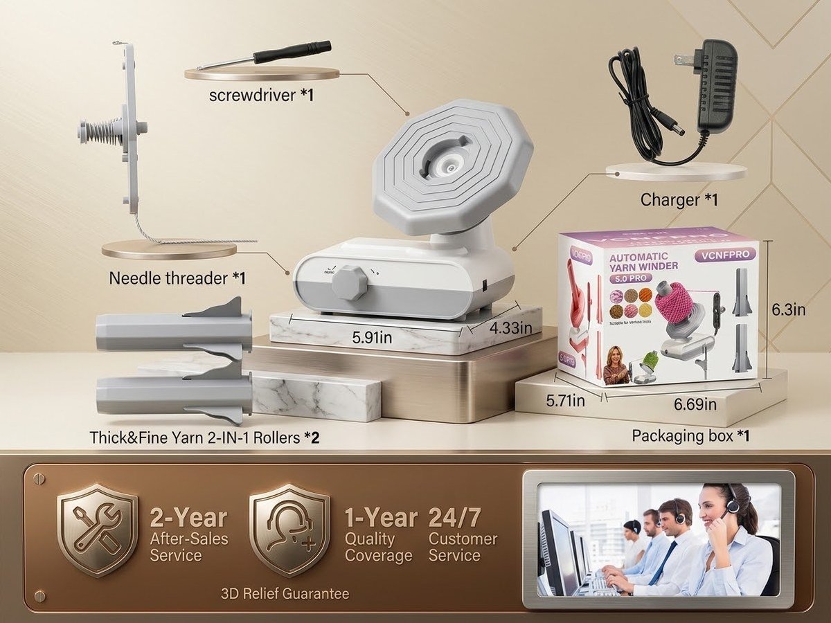 The VCNFPRO 5.0 winder’s included parts laid out: the main unit, two interchangeable rollers, a screwdriver, a needle threader and a power adapter, beside the retail packaging box.