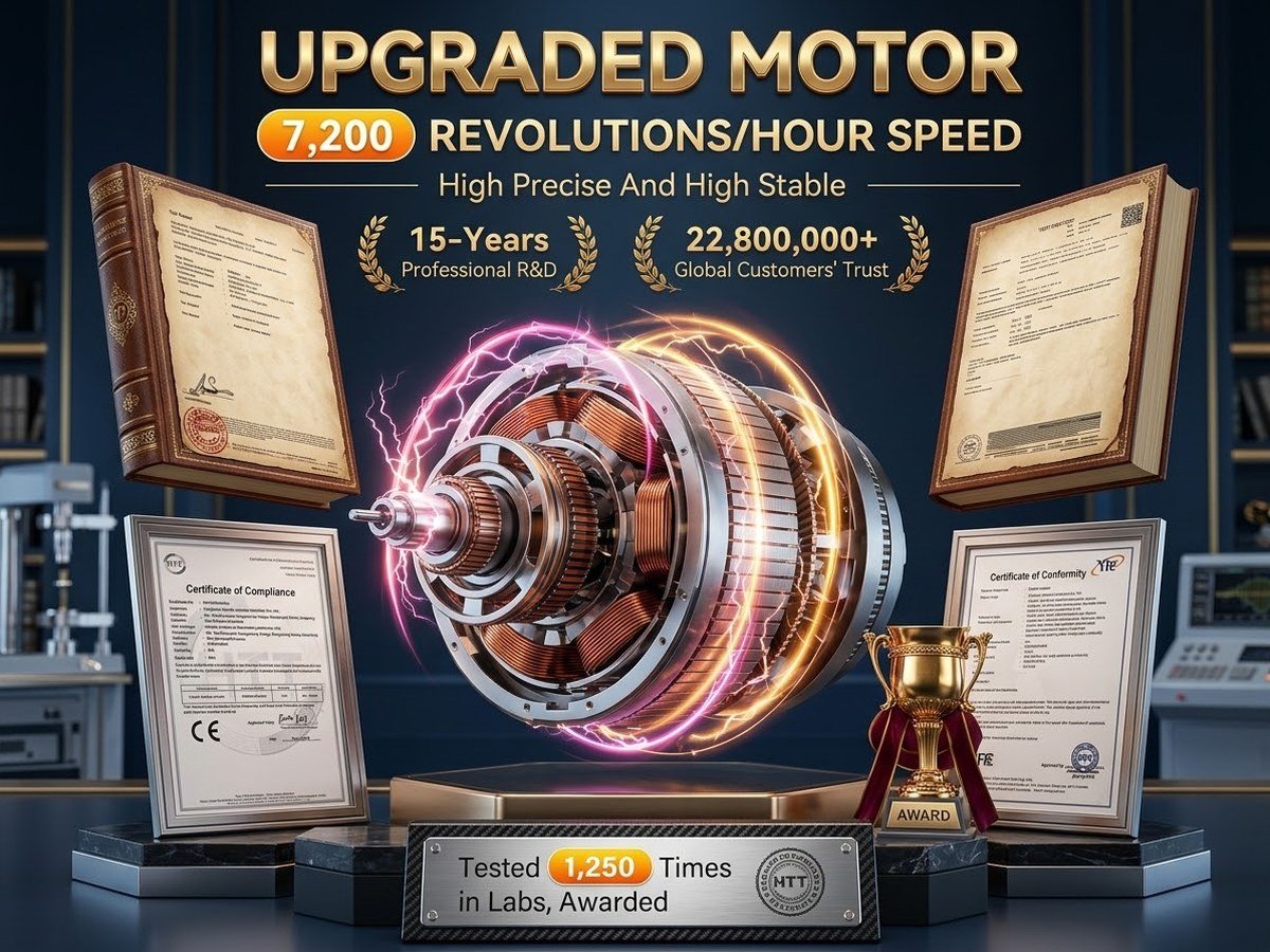 A manufacturer graphic of the winder’s motor, stated at 7,200 revolutions per hour, shown beside certification documents and an award trophy.